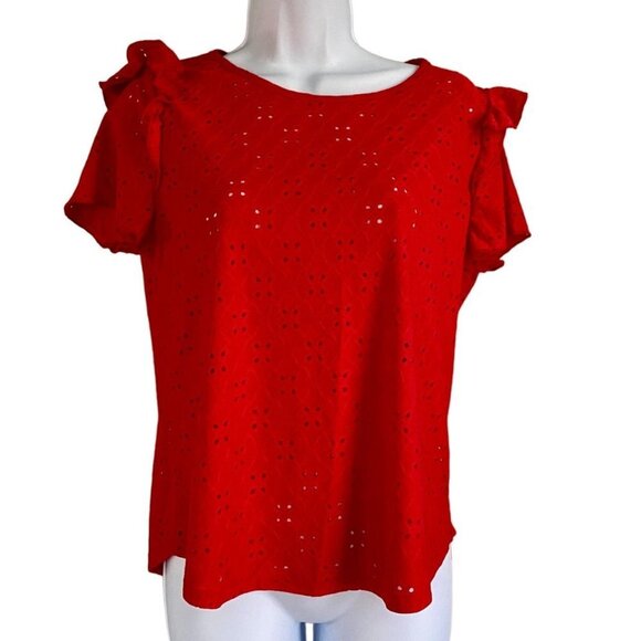 Ava James Red Short Sleeve Eyelet Top Ruffle Sleeves Women's Medium NEW - Picture 2 of 9